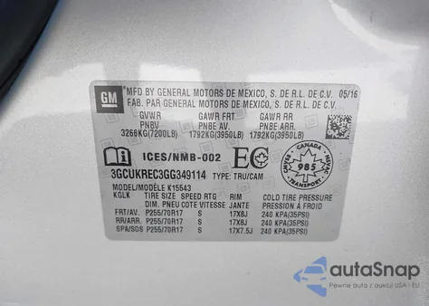 2016 Chevrolet Silverado 1Lt/2Lt from USA, damaged, VIN 3GCUKREC3GG349114